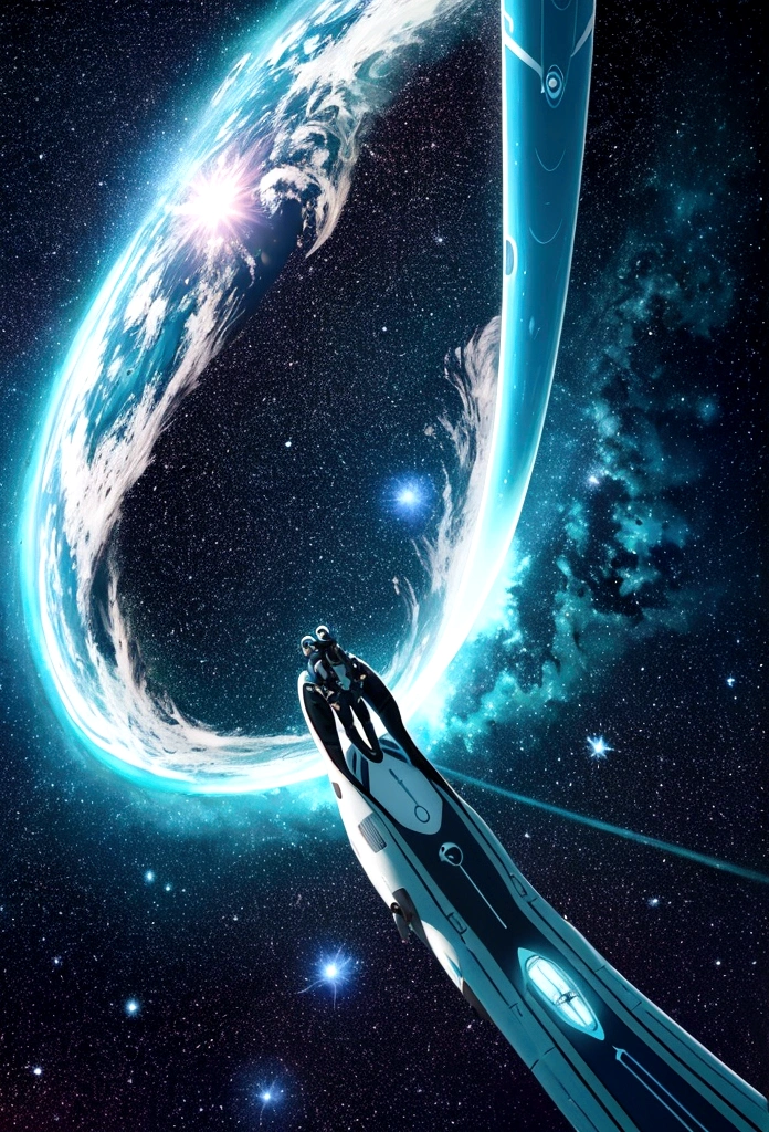 An extraordinary anime-inspired illustration, titled "URANUS 2324," masterfully blends space exploration and underwater exploration. The futuristic title, written in a bold font, evokes a sense of wonder and discovery. The astronaut, Sarocha Chankimha, is shown floating in a dark starry sky, surrounded by the distant blue planet Uranus and its rings. Meanwhile, a freediver, Rebeca Armstrong, gracefully swims through a mysterious underwater world, wearing only a full white neoprene suit and goggles. An aurora borealis creates a connection between these two distant worlds. Both the astronaut and the freediver extend their hands, reaching out to bridge the gap between their disparate realms. The stunning combination of space and ocean elements creates a visually captivating image that elicits feelings of longing and the, cinematic, photo, illustration, poster, typography