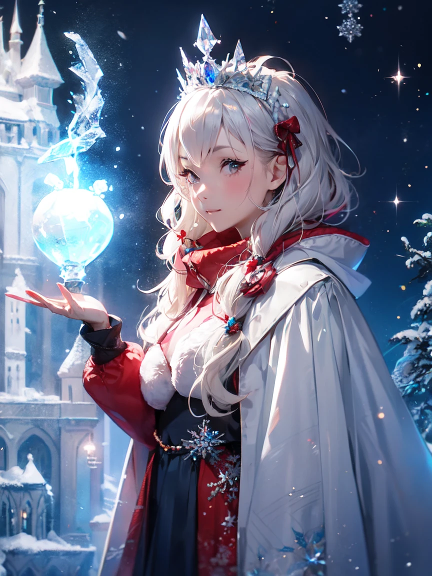 One Girl, Ice wand, White Cape, Ice crystals, winter, Frozen, Ice Castle, Transparency, Ice tiara. Silver Hair, Queen , Cowboy Shot
