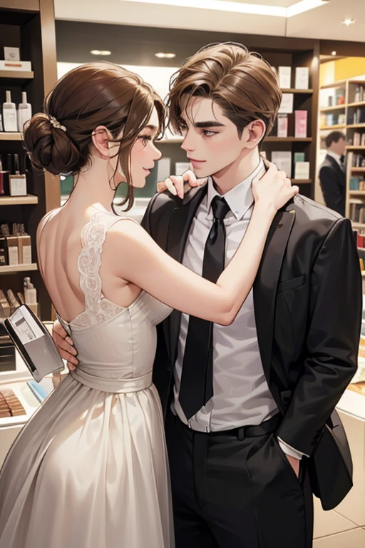 A beautiful young woman with light brown hair in a chignon, an innocent look, droopy eyebrows and eyes, a round face and chin, big eyes, natural makeup, and a gentle smile, standing in a department store cosmetics department, two handsome men in suits who are muscular with solid shoulders and boyish hairstyles, one in his 30s with a cool expression and the other a 28-year-old with a bright smile, the couple embracing and gazing lovingly at each other, (best quality,4k,8k,highres,masterpiece:1.2),ultra-detailed,(realistic,photorealistic,photo-realistic:1.37),HDR,UHD,studio lighting,ultra-fine painting,sharp focus,physically-based rendering,extreme detail description,professional,vivid colors,bokeh,portrait,romance,couple,department store,cosmetics