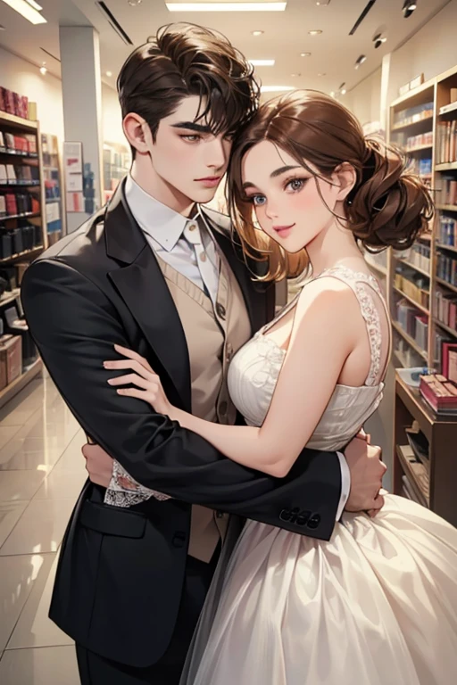 A beautiful young woman with light brown hair in a chignon, an innocent look, droopy eyebrows and eyes, a round face and chin, big eyes, natural makeup, and a gentle smile, standing in a department store cosmetics department, two handsome men in suits who are muscular with solid shoulders and boyish hairstyles, one in his 30s with a cool expression and the other a 28-year-old with a bright smile, the couple embracing and gazing lovingly at each other, (best quality,4k,8k,highres,masterpiece:1.2),ultra-detailed,(realistic,photorealistic,photo-realistic:1.37),HDR,UHD,studio lighting,ultra-fine painting,sharp focus,physically-based rendering,extreme detail description,professional,vivid colors,bokeh,portrait,romance,couple,department store,cosmetics