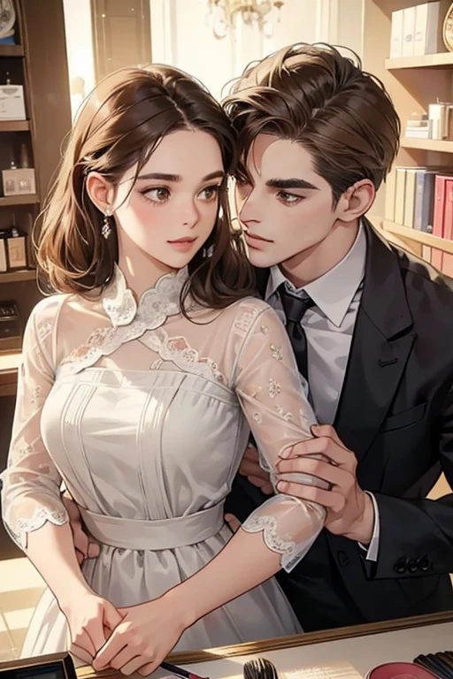 A beautiful young woman with light brown hair in a chignon, an innocent look, droopy eyebrows and eyes, a round face and chin, big eyes, natural makeup, and a gentle smile, standing in a department store cosmetics department, two handsome men in suits who are muscular with solid shoulders and boyish hairstyles, one in his 30s with a cool expression and the other a 28-year-old with a bright smile, the couple embracing and gazing lovingly at each other, (best quality,4k,8k,highres,masterpiece:1.2),ultra-detailed,(realistic,photorealistic,photo-realistic:1.37),HDR,UHD,studio lighting,ultra-fine painting,sharp focus,physically-based rendering,extreme detail description,professional,vivid colors,bokeh,portrait,romance,couple,department store,cosmetics