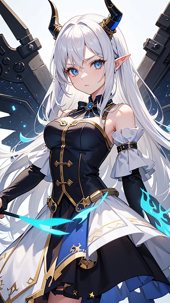 Create an illustration of an anime-style character with white hair and blue eyes。The character's eyes shine like jewels、He has a serious look on his face during the battle.。Her hair is medium length and stands up.、Dressed in black。There is a lightning bolt in the background.、It gives a dramatic and dynamic feel.。Character faces forward、He has a look of concentrated determination.。Draw only one person