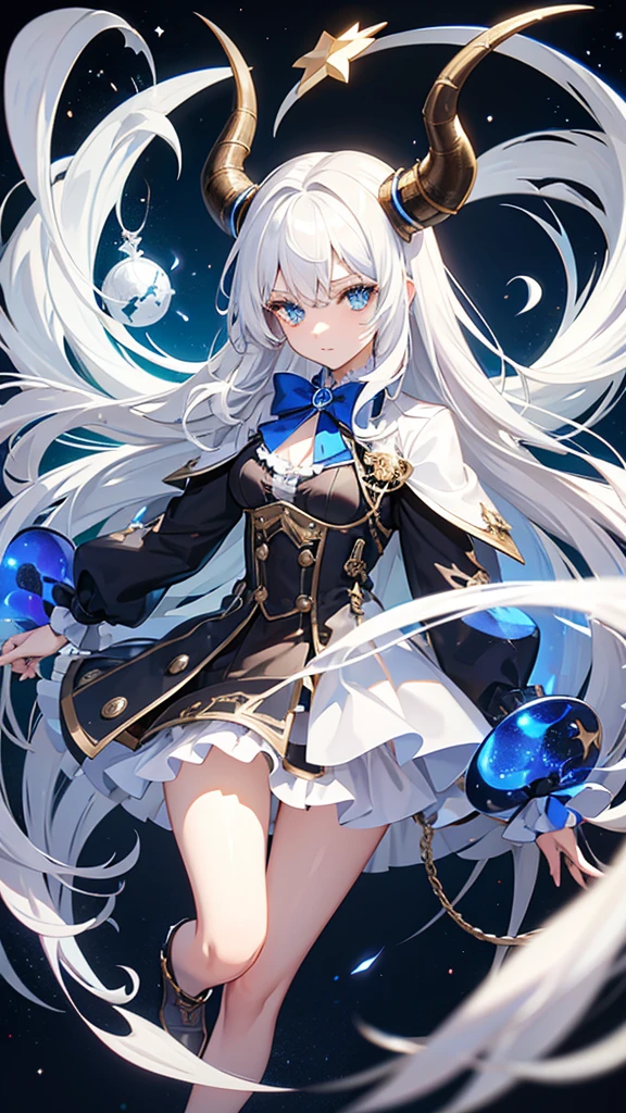 with horns and white hair, and star details, blue horn, blue eye, steampunk style steel arm, whole body