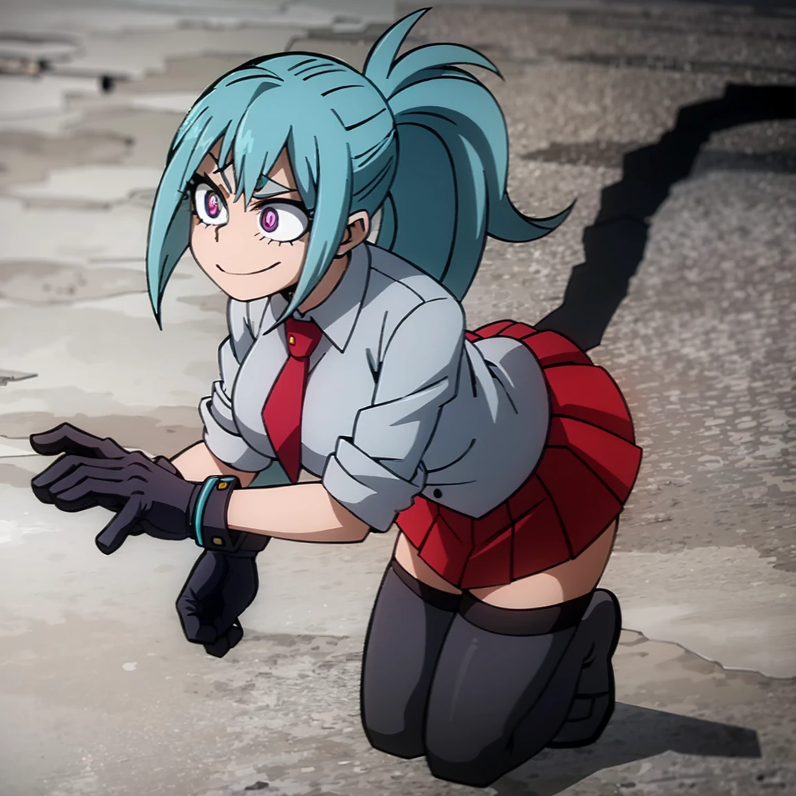 1girl, female focus, solo, big breasts, long hair, ponytail hair, aquamarine hair, sky blue hair highlights, violet eyes, smirk, gray jacket, red tie, white shirt, teal skirt, gray tights, boots