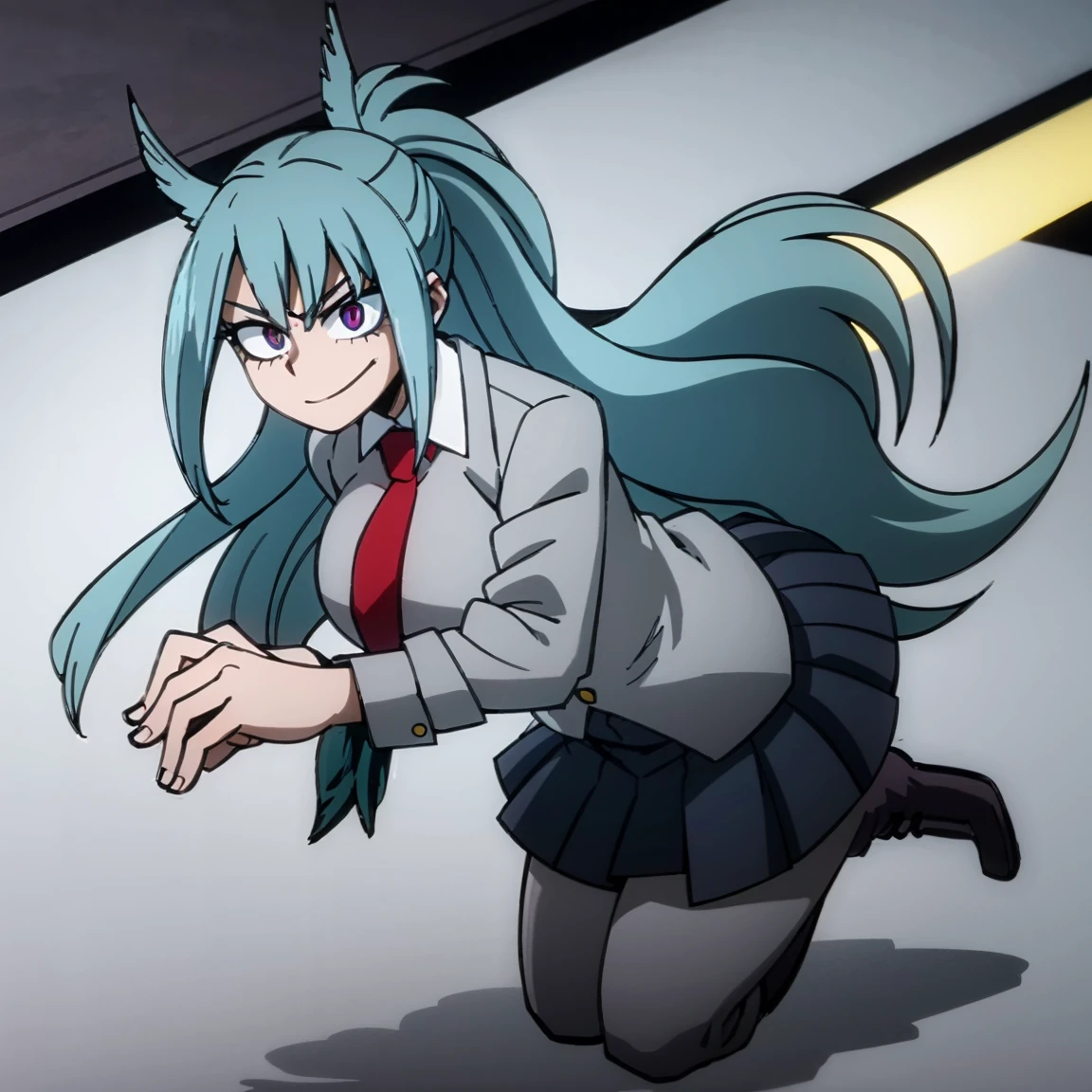 1girl, female focus, solo, big breasts, long hair, ponytail hair, aquamarine hair, violet eyes, smirk, gray jacket, red tie, white shirt, teal skirt, gray tights, boots