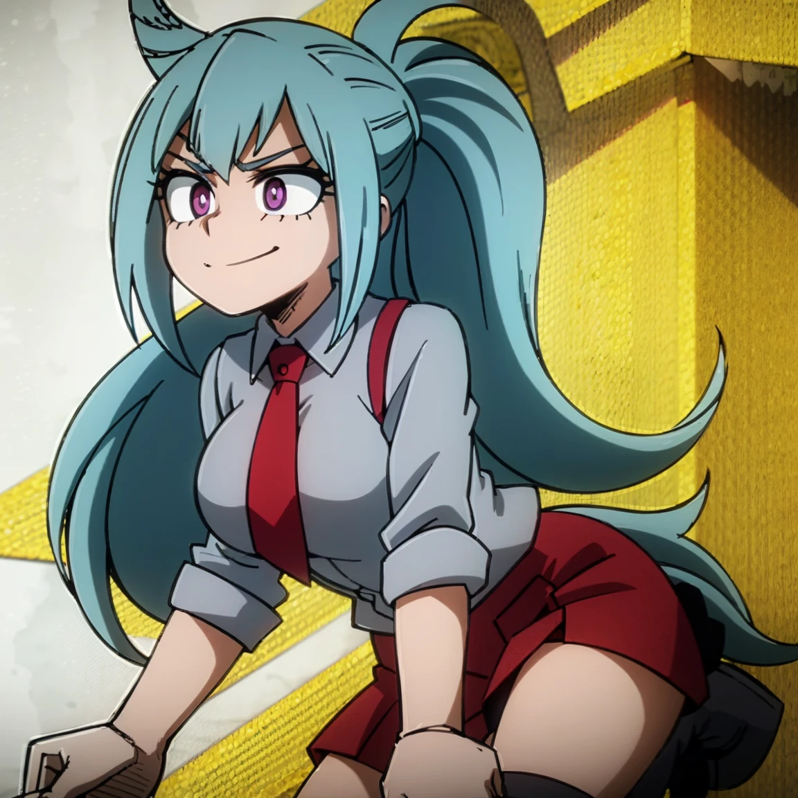 1girl, female focus, solo, big breasts, long hair, ponytail hair, aquamarine hair, violet eyes, smirk, gray jacket, red tie, white shirt, teal skirt, gray tights, boots