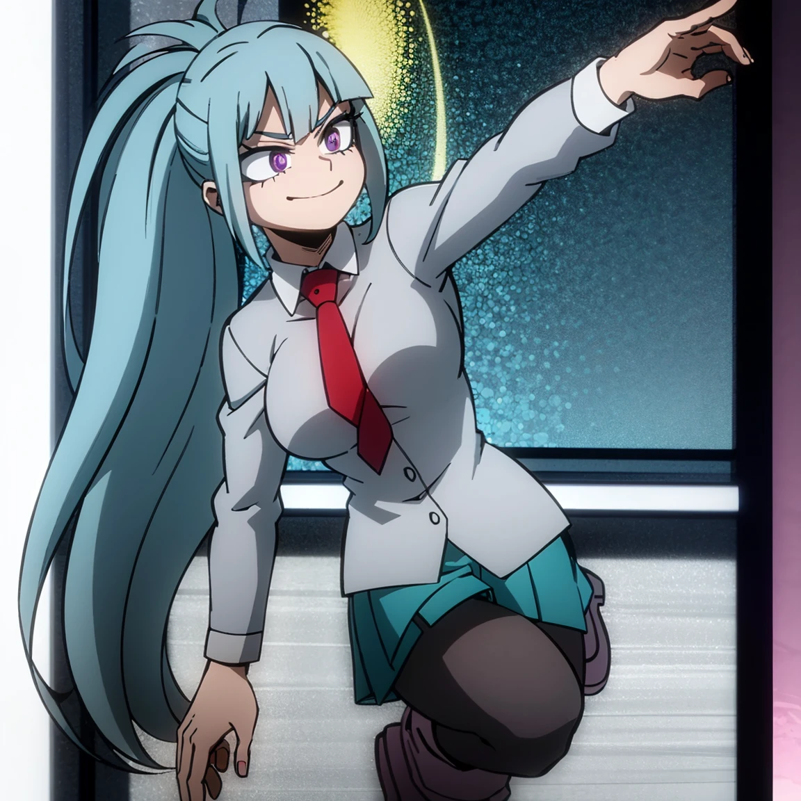 1girl, female focus, solo, big breasts, long hair, ponytail hair, aquamarine hair, violet eyes, smirk, gray jacket, red tie, white shirt, teal skirt, gray tights, boots