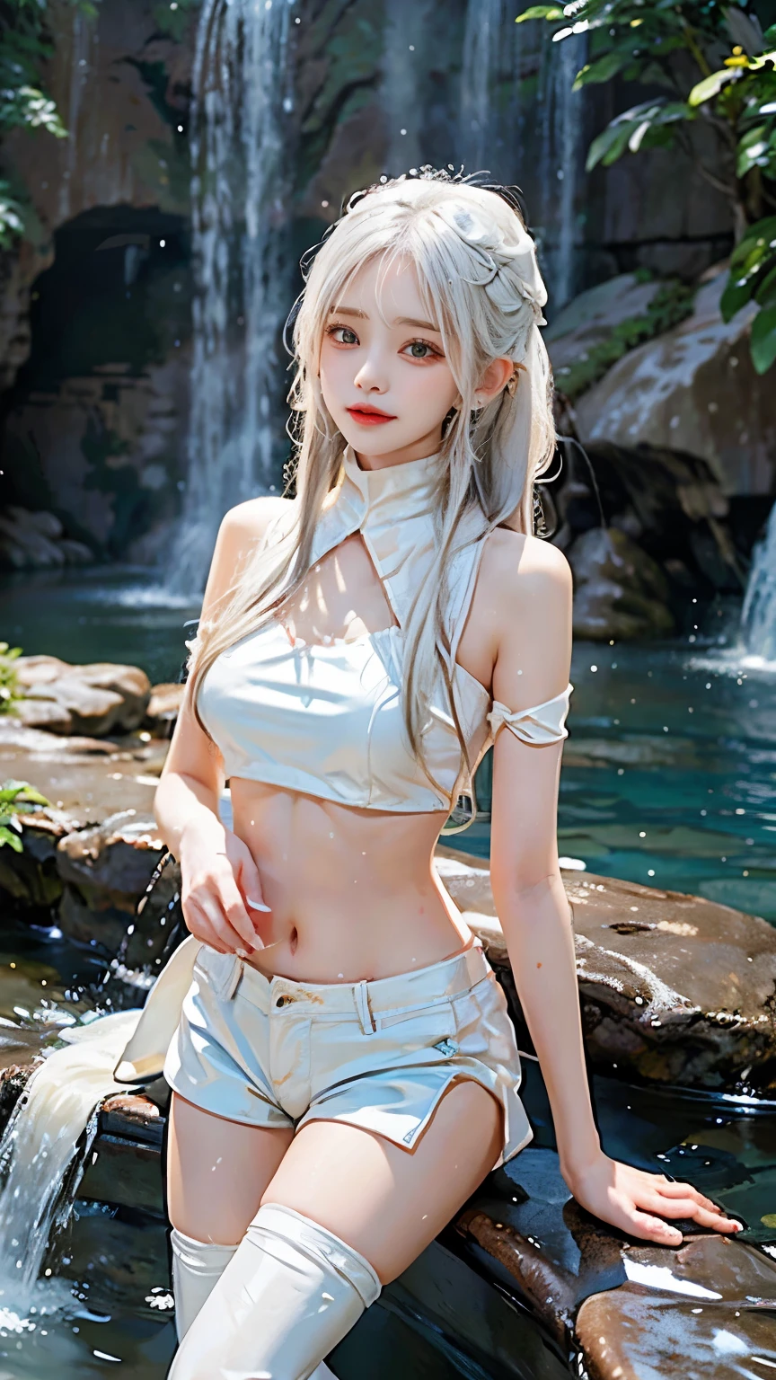 White Hair、Long Hair、Belly button、hot pants、Outdoor、In front of the waterfall、Waterfall basin、Shorts