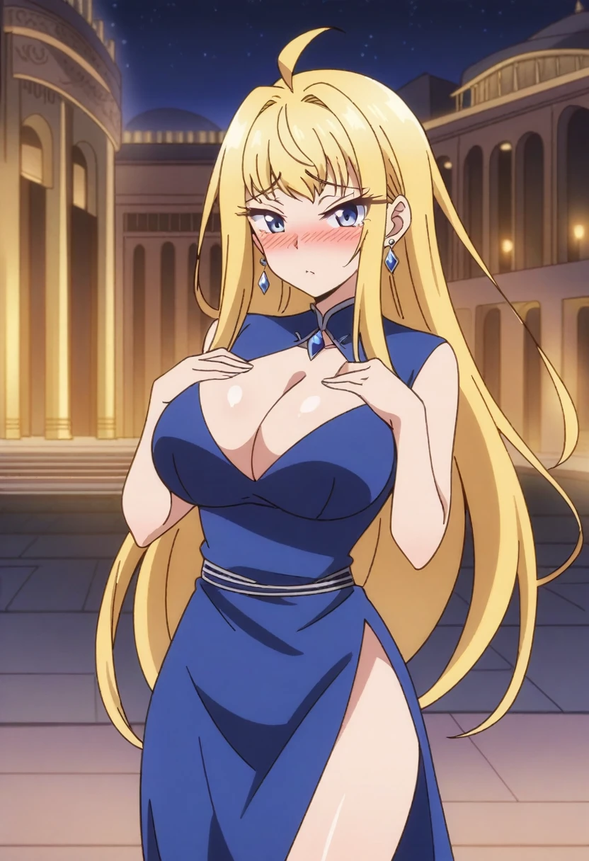 (anime art style), masterpiece, best quality, very aesthetic, absurdres, minamifuyuki, ((1girl)), blonde hair, long hair, sidelocks, ahoge, eyeslashes, blue eyes, large breasts, sexy, cleavage, black high heels, formal dress, jewelry, earrings, blue dress, borrowed, embarrased, intense blush, ((cowboy shot)), (from front), (night), (palace), (standing), (hands on own chest), (looking at viewer:1.0)