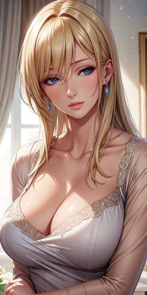 Realistic, Elegant mature woman, blue eyes, blonde hair, soft light, high detailed, 4k resolution, high quality, beautiful cg