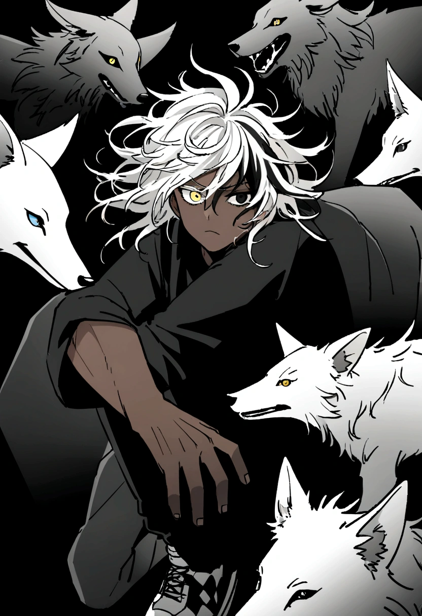 It has a black shirt with silver details, a black hunt, and black and white sneakers ,yellow and black eyes heterochromia, idiotic expression, Messy hair , Medium length hair , 1 men , black and white hair more black than white , two tone hair , dark skin color has, with a white wolf