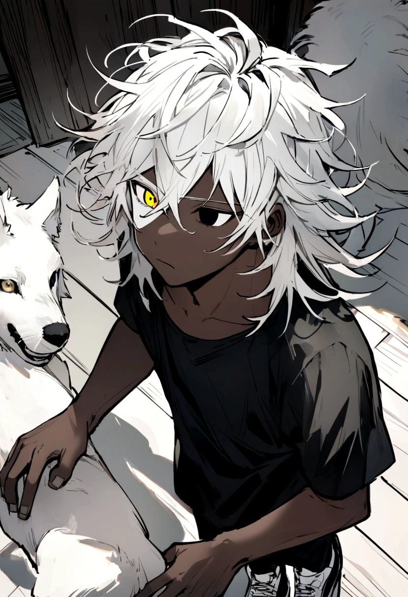 It has a black shirt with silver details, a black hunt, and black and white sneakers ,yellow and black eyes heterochromia, idiotic expression, Messy hair , Medium length hair , 1 men , black and white hair more black than white , two tone hair , dark skin color has, with a white wolf