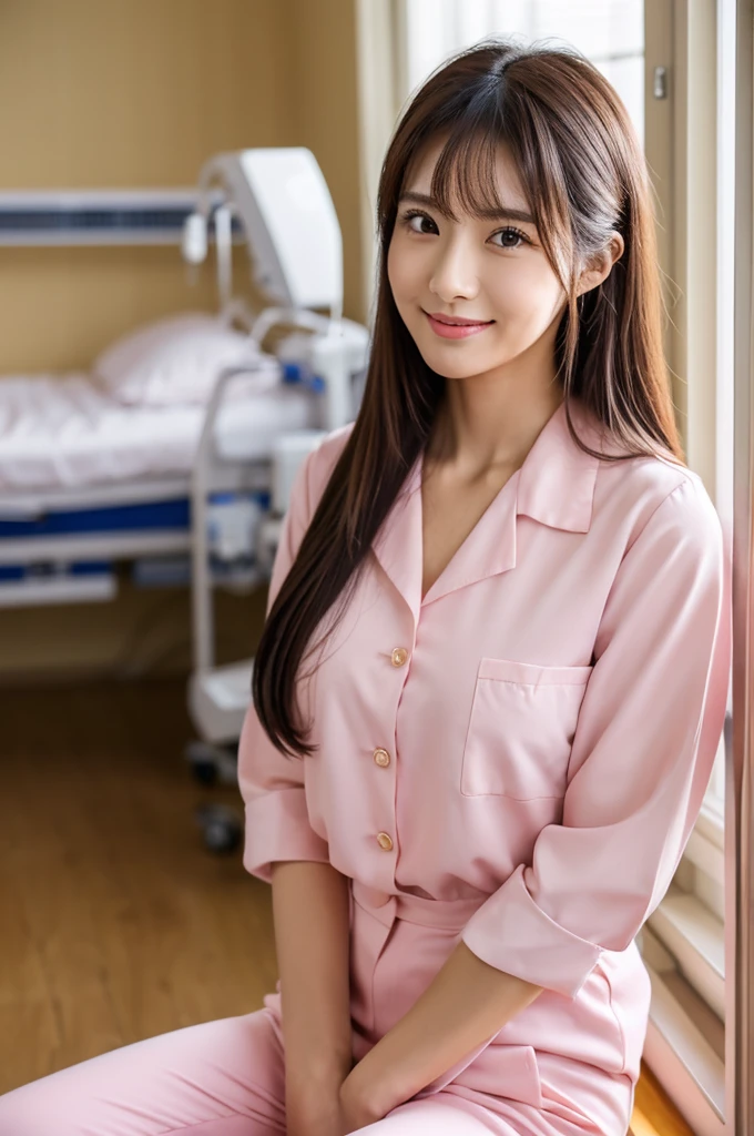 Hospital room, nurse, ((full body)), ((photo)), ((best qualtiy, 8K, tmasterpiece: 1.3)), Focus: 1.2, perfect figure beautiful girl: 1.4, 1girl, cowboy shot, look at viewer, eyes facing the camera, incredibly absurd, beautiful and cute girl with a photorealistic face, showcasing top-quality craftsmanship, Japanese woman taking care of patients in a hospital room, 23 years old, long hair parted in the middle, long layered bangs, silky hair quality, thick and voluminous style, beautiful features, amber eyes, long eyelashes, thin eyebrows, beautiful bridge of the nose, small nose, plump and elegant pink lips, fair skin, high cheekbones, cute smile, clean jawline, beautiful nape, long neck, 163cm height, long limbs, delicate, slender, well-balanced proportions, beautiful C-cup breasts, pink blouse and pink pants nurse uniform, nurse shoes, gold ring and necklace, beautiful, neat, refined, elegant, soothing, pretty older sister, long legs, kind, strong-willed, passionate, proactive, hardworking, gains the trust of those around her, October