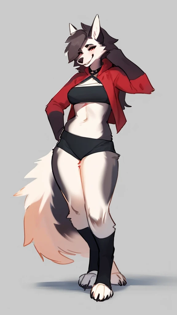 Furry wolf female anthropomorphic white fur green eyes blue nose red tail wearing a black shirt and underwear full body color pencil sketch drawing 