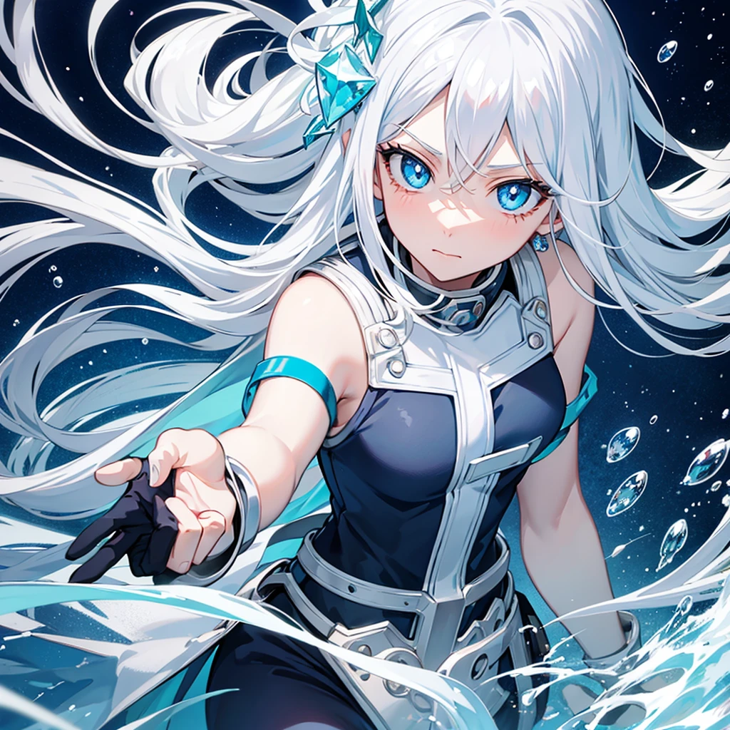 nice style "My Hero Academia" crystal blue eyes like water, long white hair, bangss, water individuality