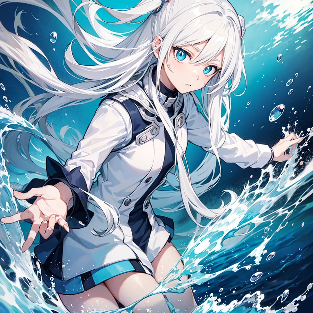 nice style "My Hero Academia" crystal blue eyes like water, long white hair, bangss, water individuality