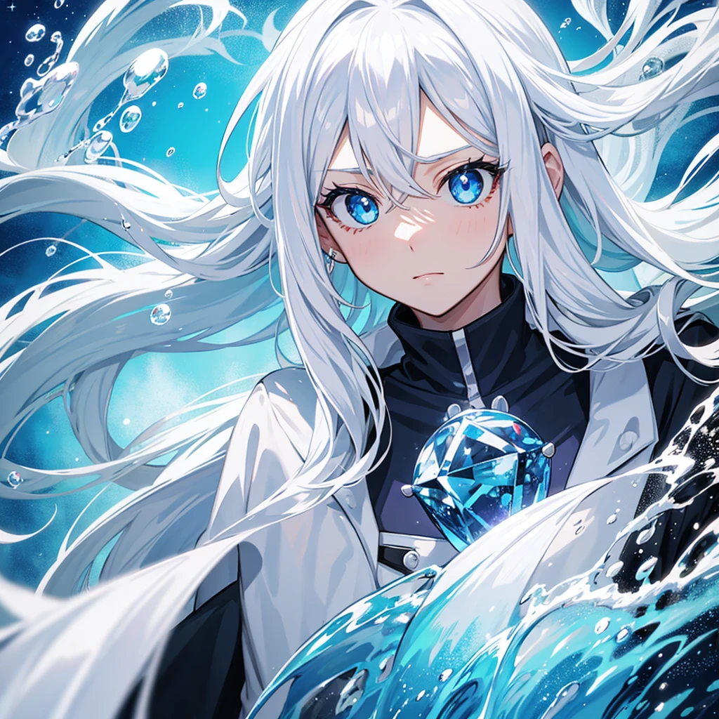  nice style "My Hero Academia" crystal blue eyes like water, long white hair, bangss, water individuality 