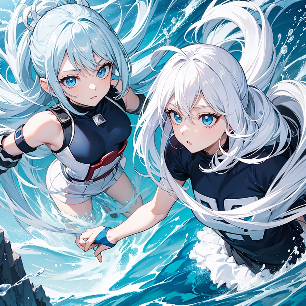 nice style "My Hero Academia" crystal blue eyes like water, long white hair, bangss, water individuality