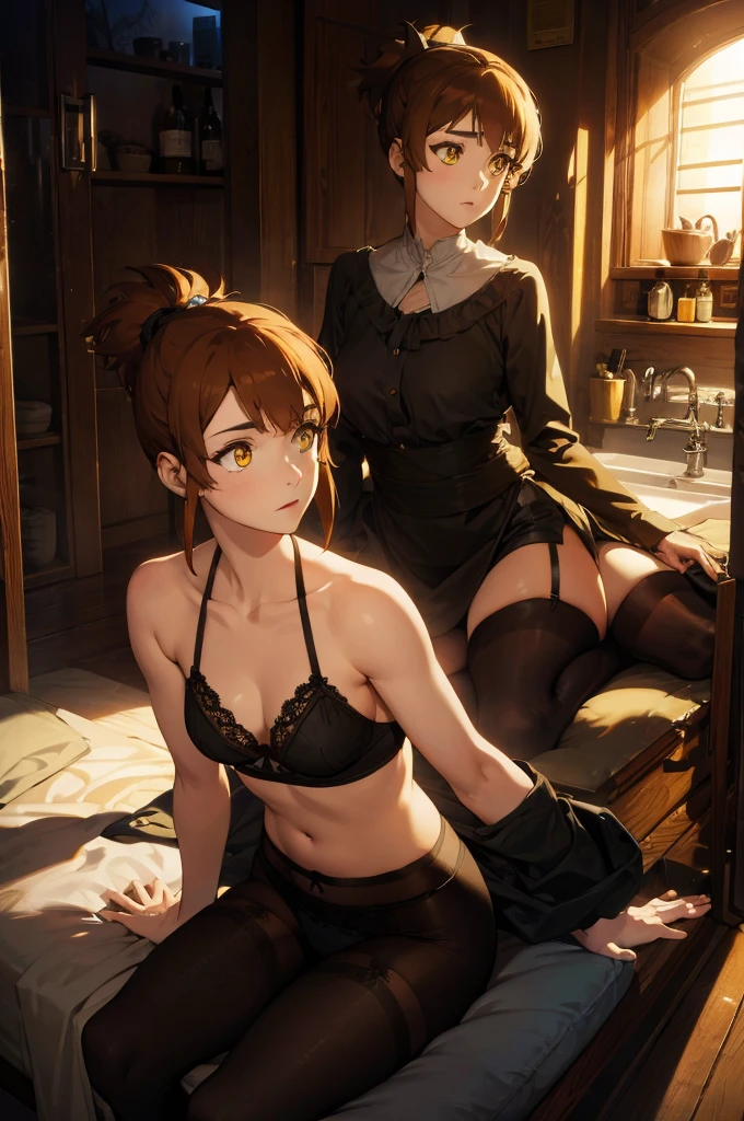 1 girl, marci, brown hair, short ponytail, yellow eyes, detailed eyes, white stockings, ((black lingerie))