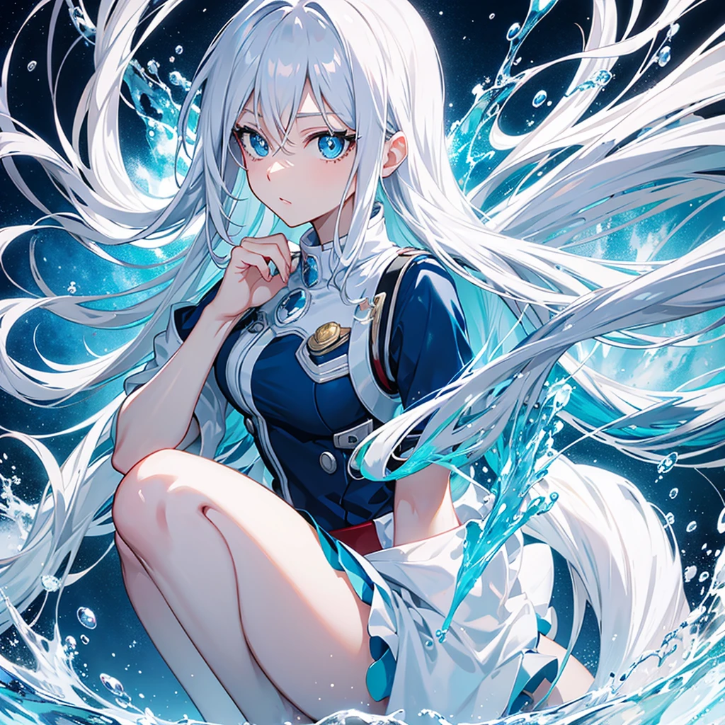 nice style "My Hero Academia" crystal blue eyes like water, long white hair, bangss, water individuality