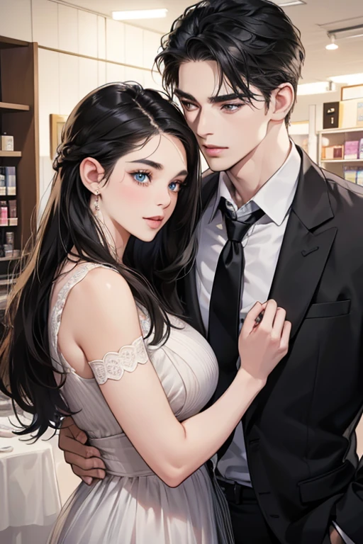 A beautiful young woman with light black hair in a chignon, an innocent look, droopy eyebrows and blue eyes, a round face and chin, big eyes, natural makeup, and a gentle smile, standing in a department store cosmetics department, two handsome men in suits who are muscular with solid shoulders and boyish hairstyles, one in his 30s with a cool expression and the other a 28-year-old with a bright smile, the couple embracing and gazing lovingly at each other, (best quality,4k,8k,highres,masterpiece:1.2),ultra-detailed,(realistic,photorealistic,photo-realistic:1.37),HDR,UHD,studio lighting,ultra-fine painting,sharp focus,physically-based rendering,extreme detail description,professional,vivid colors,bokeh,portrait,romance,couple,department store,cosmetics