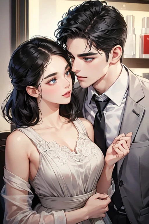 A beautiful young woman with light black hair in a chignon, an innocent look, droopy eyebrows and blue eyes, a round face and chin, big eyes, natural makeup, and a gentle smile, standing in a department store cosmetics department, two handsome men in suits who are muscular with solid shoulders and boyish hairstyles, one in his 30s with a cool expression and the other a 28-year-old with a bright smile, the couple embracing and gazing lovingly at each other, (best quality,4k,8k,highres,masterpiece:1.2),ultra-detailed,(realistic,photorealistic,photo-realistic:1.37),HDR,UHD,studio lighting,ultra-fine painting,sharp focus,physically-based rendering,extreme detail description,professional,vivid colors,bokeh,portrait,romance,couple,department store,cosmetics