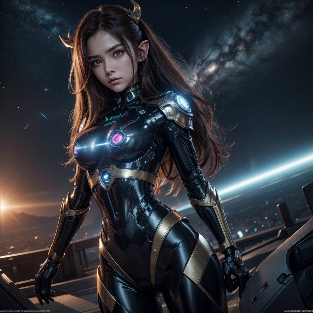 muka ,best qualityer,ultra detali,very detailed illustrations,extremely detaild,details Intricate,high resolution,super-complex details,extremely detaild 8k cg wallpaper, ROBO, Caustics,reflection,ray tracing,demonic theme,nebula,dark aura,cyber effect, (1 girl:1.4),alone,alone,mecha museum,mechanical parts, , harness, mechanical halo,Hello Star,intricate mechanical bodysuit,half human half robot, russet hair, pretty long hair,Similar to word of warcraft elf, hair between the eyes, , colored inner hair, strong eyes,glowing eye,eye trail, random expressions,random action, futuristic architecture ,Starry sky,horizont, album cover, it will never be a goodbye, de robo decline