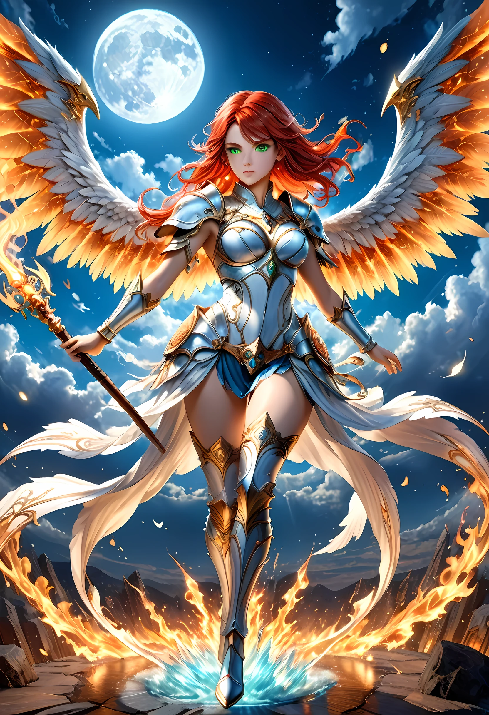 16k, ultra detailed, masterpiece, best quality, (extremely detailed), arafed, dnd art, panoramic view, full body, aasimar, female, (Masterpieceת intense details:1.3), female, sorceress, casting flaming spell(Masterpieceת intense details:1.3) large angelic wings, (azure: 1.3) angelic wings spread (Masterpieceת intense details:1.3), fantasy magical heaven background (Masterpieceת intense details:1.3), moon, stars, clouds, wearing white armor (Masterpieceת intense details:1.3), high heeled boots (Masterpieceת intense details:1.3), armed with staff, (red hair: 1.4), (green eyes: 1.4), intense eyes, ultra feminine, ultra detailed face, (Masterpieceת intense details:1.5), (anatomically correct: 1.5), determined face, divine light, cinematic lighting, soft light, silhouette, photorealism, panoramic view ((Masterpieceת intense details:1.3) , Wide-Angle, Ultra-Wide Angle, 16k, highres, best quality, faize, 3D rendering