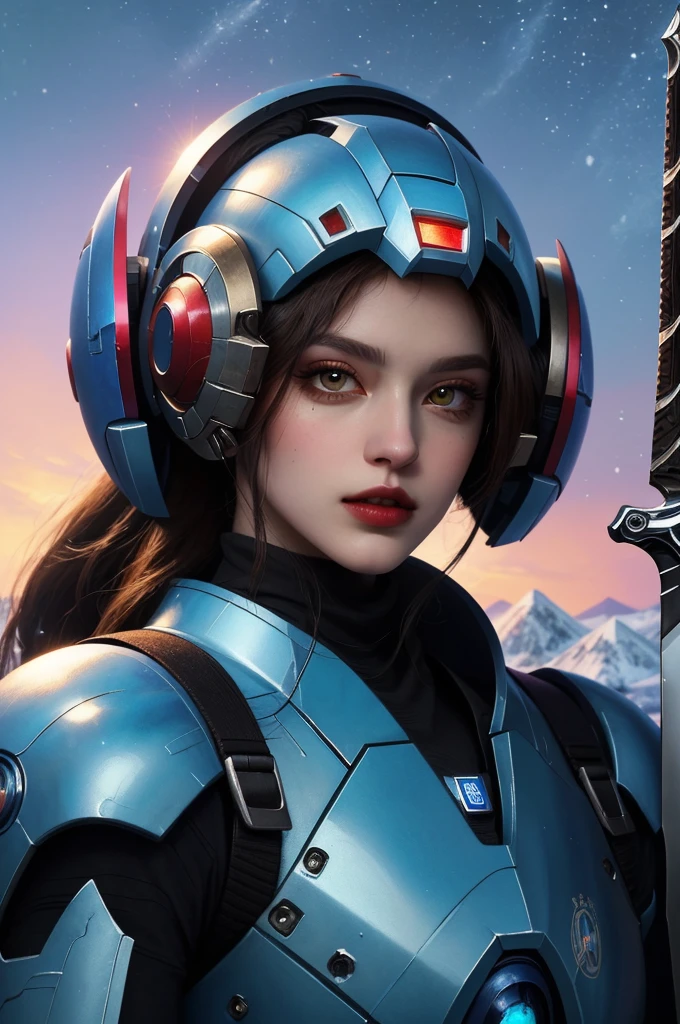 ((best quality)), ((masterpiece)), (detailed), knight , (sci-fi illustration:1.3, longshot pos, mystical sky , bright colors, (detail sci-fi background), (high-resolution:1.2, high res, (winter), mega man art style, female, beautiful face, beautiful lips, sword,4k)