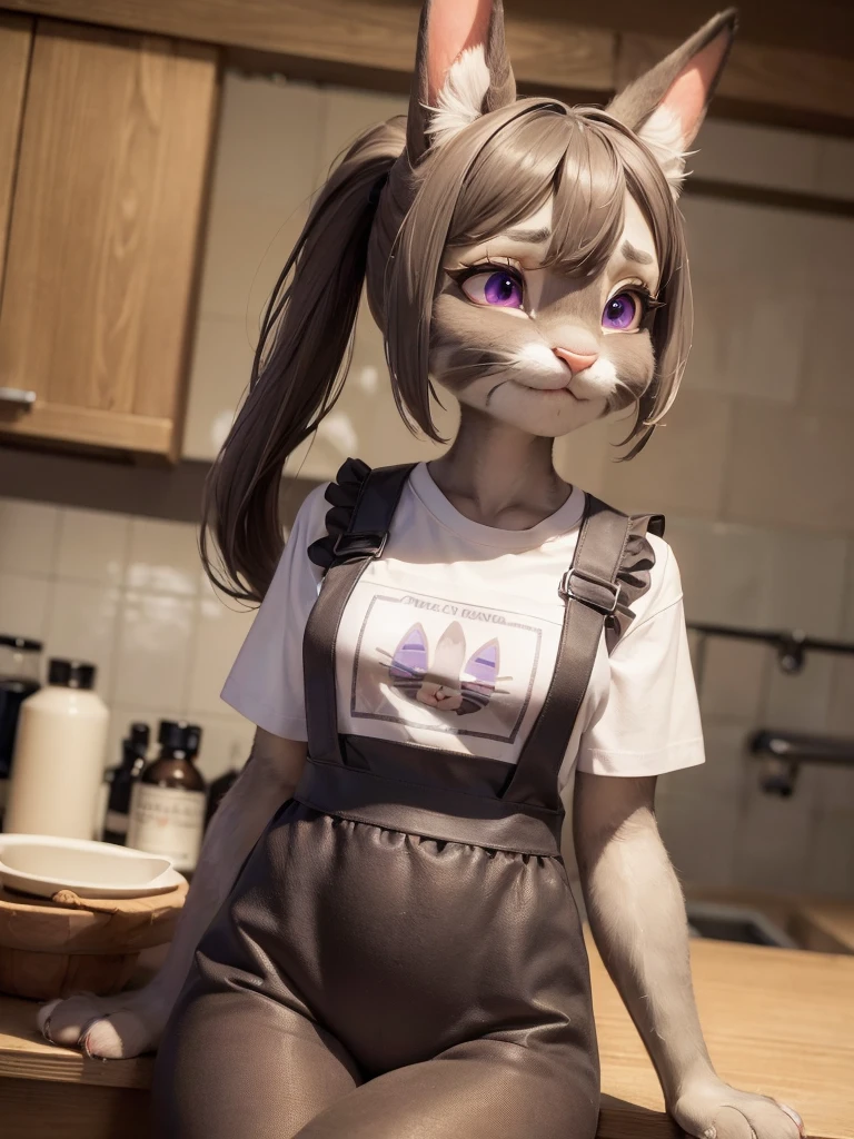 Highest quality,
masterpiece,
Ultra-realistic,
Super detailed,
Beautiful details,
4K，8K，upper,
Photo realistic,
medium Shot,
Background is School,
Realistic lighting,

((Anthropomorphic cat)),
Detailed animals,
Complex patterns,
(Furry:1.35),
(All skin is grey:1.3),
(The body is fluffy and bushy:1.3),
Realistic fur,

Human hand,

(Judy Hopps face:1.3),
((ponytail)),
((see-through bangs)), bangs,
((dark brown hair color)),
Purple eyes,
{Eye highlights, Clear eyes, Eyes sparkling, round pupils},
Detailed Iris, 
(Eyebrows raised:1.2),
(Crescent eyebrows:1.3),
(cat ears:1.3), 
Sales smile,
raised corners of mouth,

The lady is wearing a T-shirt and an apron, jeans underneath,
((White T-shirt)) BREAK ((dark brown apron)),

(alone:1.5),
(1 Female:1.5),
Only 1 character,
Perfect Anatomy,

Lighting front,
Lighting forward,
Intricate details, 
Ray Tracing, 
Realistic, 