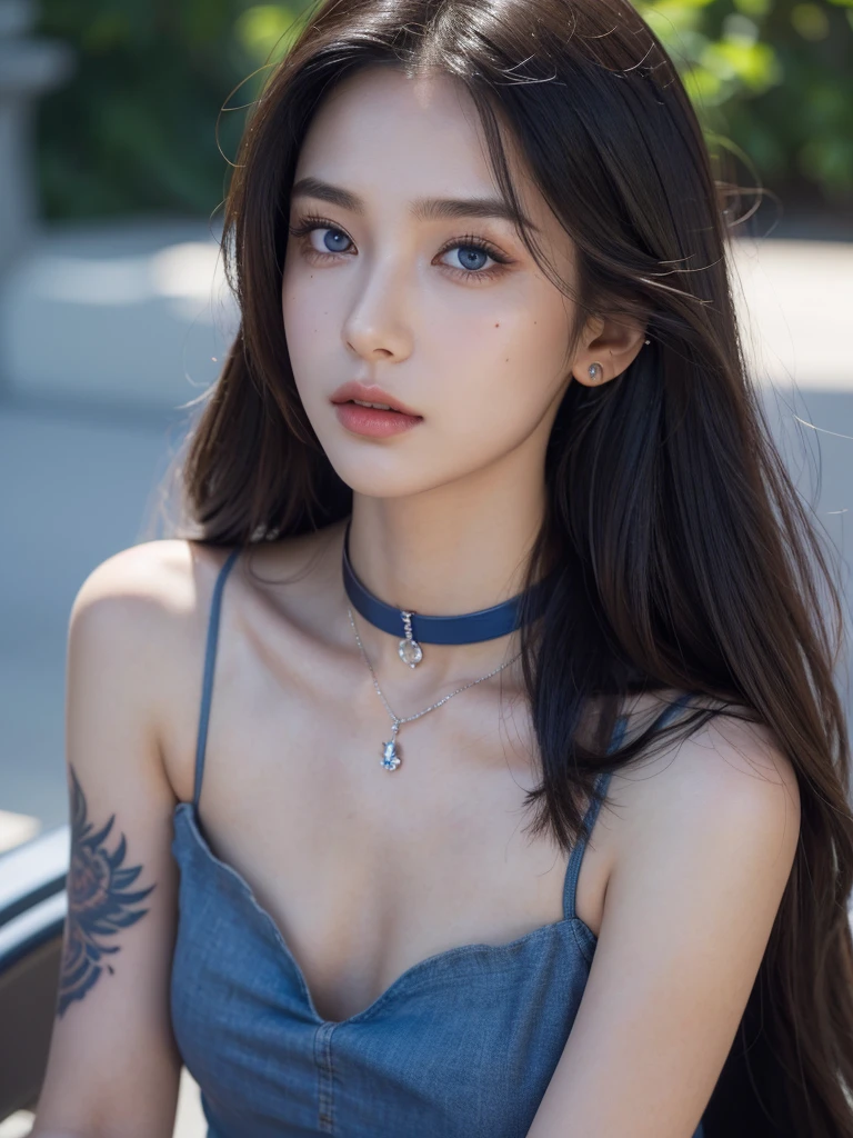 1girl, alone, solitary, high quality, (best quality,4k,8k,highres,masterpiece:1.2),ultra-detailed,(realistic,photorealistic,photo-realistic:1.37),gorgeous hair,blue hair, blue long straight hair with bangs, puffy eyes,mole on the cheek,plump lips,jewelry,(high detailed skin:1.4),(rim lighting:1.3),(lit:1.3),(sunny day:1.3),portrait,beautiful lips,waist-length hair,seductive gaze,moles,sundress,pastel dress,short dress,close up,really long hair,choker necklace, tattoos,tattooed,light eyes,bangs,fringe