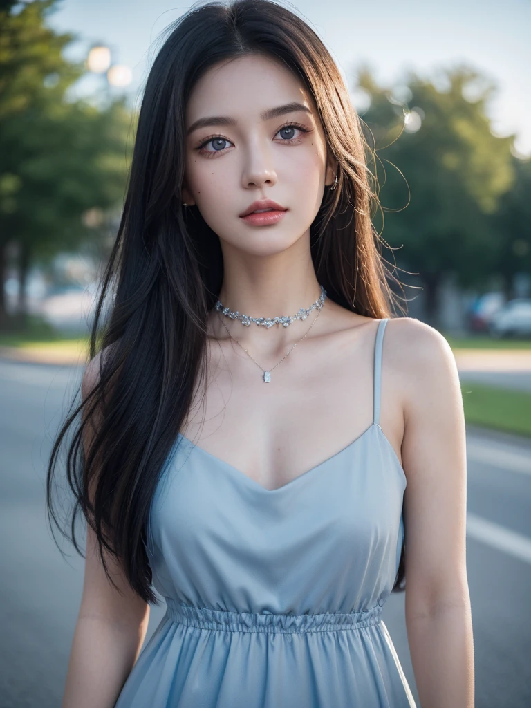 1girl, alone, solitary, high quality, (best quality,4k,8k,highres,masterpiece:1.2),ultra-detailed,(realistic,photorealistic,photo-realistic:1.37),gorgeous hair,dark hair,long straight hair with bangs,puffy eyes,mole on the cheek,plump lips,jewelry,(high detailed skin:1.4),(rim lighting:1.3),(lit:1.3),(sunny day:1.3),portrait,beautiful lips,waist-length hair,seductive gaze,moles,sundress,dress,short dress,close up,really long hair,choker necklace,small tattoos,tattooed,blue eyes,blue contacts