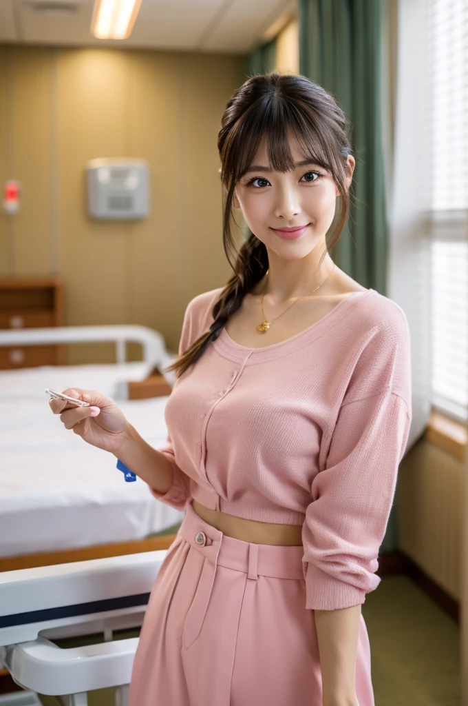 Hospital room, nurse, ((full body)), ((photo)), ((best qualtiy, 8K, tmasterpiece: 1.3)), Focus: 1.2, perfect figure beautiful girl: 1.4, 1girl, cowboy shot, look at viewer, eyes facing the camera, incredibly absurd, beautiful and cute girl with a photorealistic face, showcasing top-quality craftsmanship, Japanese woman taking care of patients in a hospital room, 23 years old, long hair parted in the middle, long layered bangs, silky hair quality, thick and voluminous style, beautiful features, amber eyes, long eyelashes, thin eyebrows, beautiful bridge of the nose, small nose, plump and elegant pink lips, fair skin, high cheekbones, cute smile, clean jawline, beautiful nape, long neck, 163cm height, long limbs, delicate, slender, well-balanced proportions, beautiful C-cup breasts, pink blouse and pink pants nurse uniform, nurse shoes, gold ring and necklace, beautiful, neat, refined, elegant, soothing, pretty older sister, long legs, kind, strong-willed, passionate, proactive, hardworking, gains the trust of those around her, October