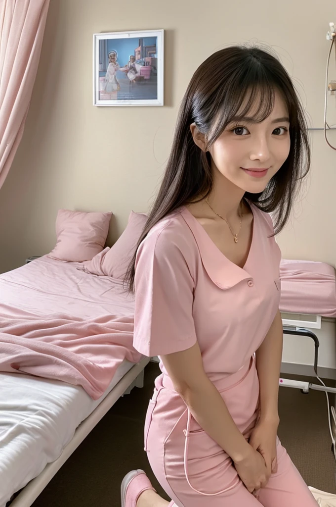 Hospital room, nurse, ((full body)), ((photo)), ((best qualtiy, 8K, tmasterpiece: 1.3)), Focus: 1.2, perfect figure beautiful girl: 1.4, 1girl, cowboy shot, look at viewer, eyes facing the camera, incredibly absurd, beautiful and cute girl with a photorealistic face, showcasing top-quality craftsmanship, Japanese woman taking care of patients in a hospital room, 23 years old, long hair parted in the middle, long layered bangs, silky hair quality, thick and voluminous style, beautiful features, amber eyes, long eyelashes, thin eyebrows, beautiful bridge of the nose, small nose, plump and elegant pink lips, fair skin, high cheekbones, cute smile, clean jawline, beautiful nape, long neck, 163cm height, long limbs, delicate, slender, well-balanced proportions, beautiful C-cup breasts, pink blouse and pink pants nurse uniform, nurse shoes, gold ring and necklace, beautiful, neat, refined, elegant, soothing, pretty older sister, long legs, kind, strong-willed, passionate, proactive, hardworking, gains the trust of those around her, October