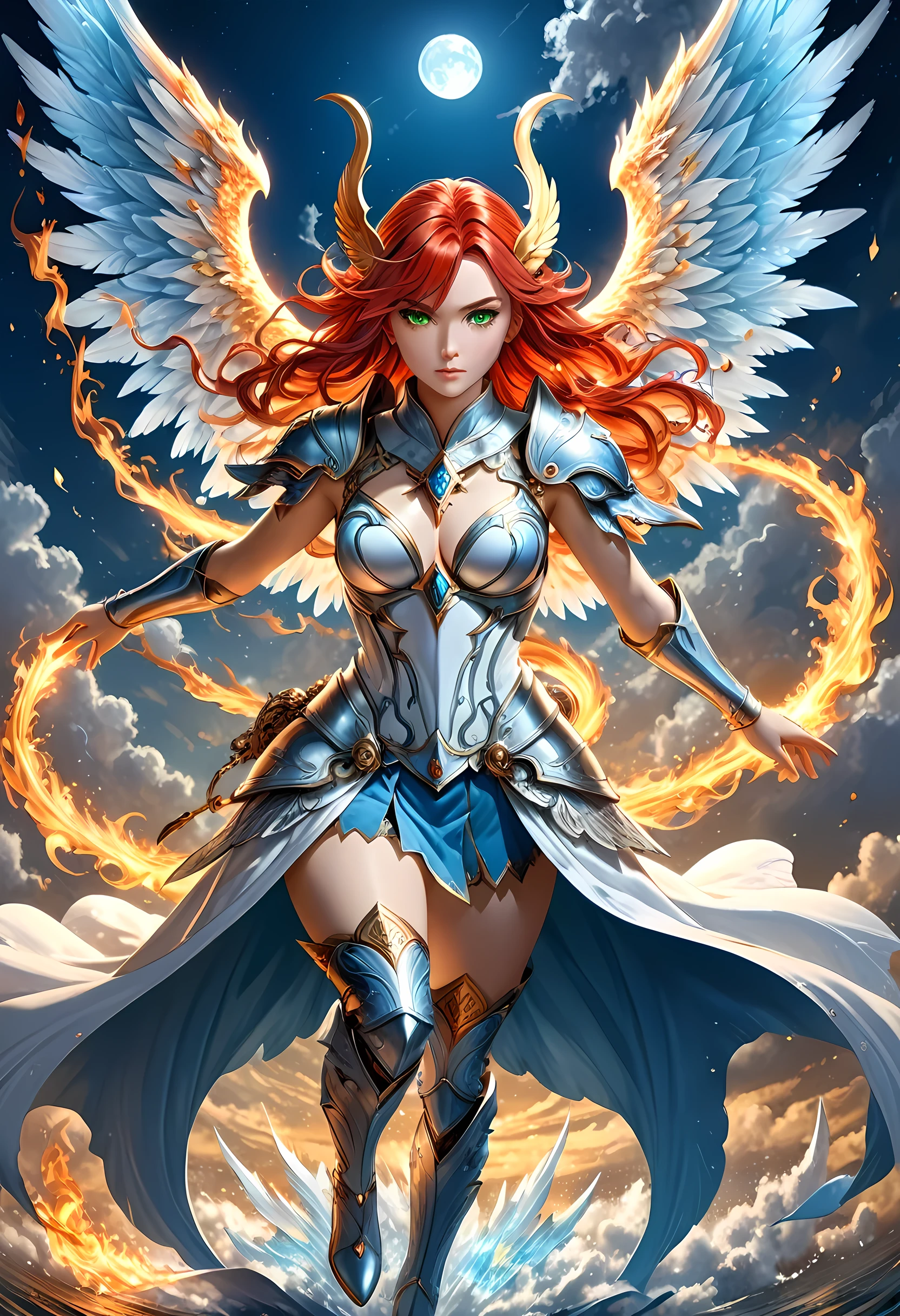 16k, ultra detailed, masterpiece, best quality, (extremely detailed), arafed, dnd art, panoramic view, full body, aasimar, female, (Masterpieceת intense details:1.3), female, sorceress, casting flaming spell(Masterpieceת intense details:1.3) large angelic wings, (azure: 1.3) angelic wings spread (Masterpieceת intense details:1.3), fantasy magical heaven background (Masterpieceת intense details:1.3), moon, stars, clouds, wearing white armor (Masterpieceת intense details:1.3), high heeled boots (Masterpieceת intense details:1.3), armed with staff, (red hair: 1.4), (green eyes: 1.4), intense eyes, ultra feminine, ultra detailed face, (Masterpieceת intense details:1.5), (anatomically correct: 1.5), determined face, divine light, cinematic lighting, soft light, silhouette, photorealism, panoramic view ((Masterpieceת intense details:1.3) , Wide-Angle, Ultra-Wide Angle, 16k, highres, best quality, faize, 3D rendering