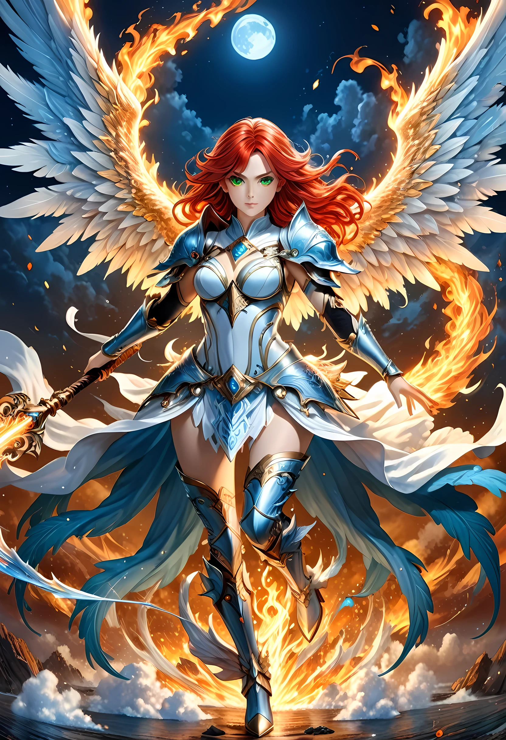 16k, ultra detailed, masterpiece, best quality, (extremely detailed), arafed, dnd art, panoramic view, full body, aasimar, female, (Masterpieceת intense details:1.3), female, sorceress, casting flaming spell(Masterpieceת intense details:1.3) large angelic wings, (azure: 1.3) angelic wings spread (Masterpieceת intense details:1.3), fantasy magical heaven background (Masterpieceת intense details:1.3), moon, stars, clouds, wearing white armor (Masterpieceת intense details:1.3), high heeled boots (Masterpieceת intense details:1.3), armed with staff, (red hair: 1.4), (green eyes: 1.4), intense eyes, ultra feminine, ultra detailed face, (Masterpieceת intense details:1.5), (anatomically correct: 1.5), determined face, divine light, cinematic lighting, soft light, silhouette, photorealism, panoramic view ((Masterpieceת intense details:1.3) , Wide-Angle, Ultra-Wide Angle, 16k, highres, best quality, faize, 3D rendering