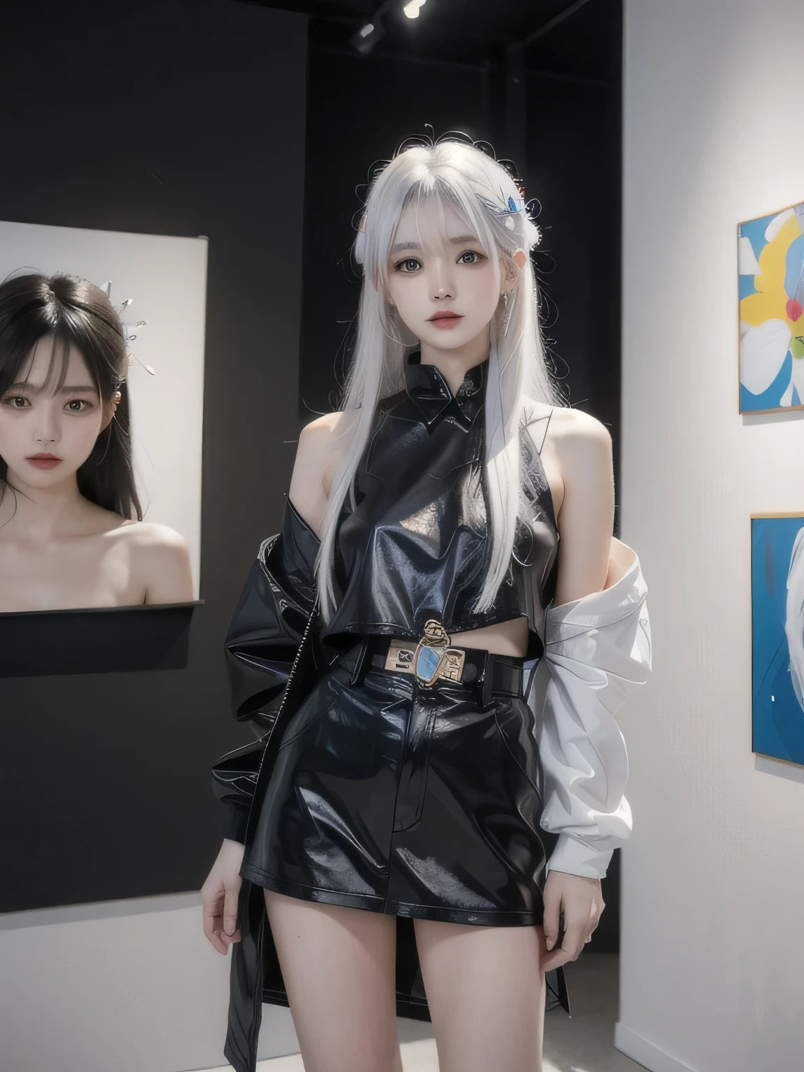 Your AI girl model stands confidently in a modern art gallery, admiring a large abstract painting. Both the model and the painting showcase vibrant, almost impossible colors and impossible geometries, hinting at their shared AI nature..,white hair, shiny hair, colored inner hair,Ice rose,Ice hair ornaments,adorns,, [ice crystal],, crystal,((floating hair)), ((caustic)),((disheveled hair))"