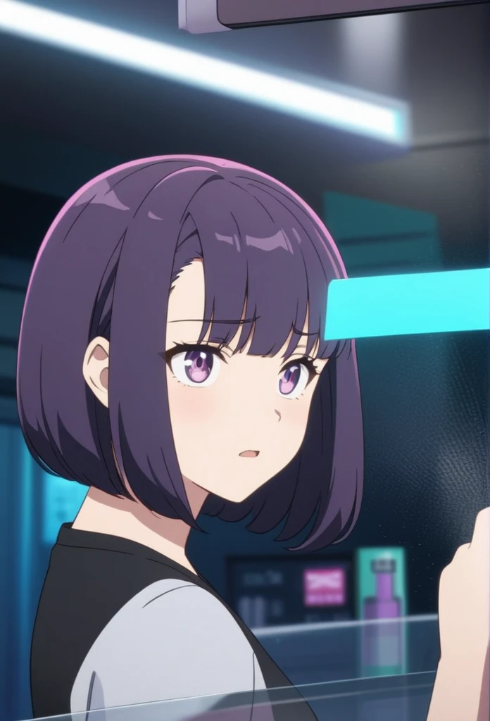 Adult Female, Black purple hair, slanted bob haircut, apathetic, perfect purple eyes, expressive eyes, cyberpunk bar, highly detailed, high quality, perfect quality, 8k anime, cleaning a glass