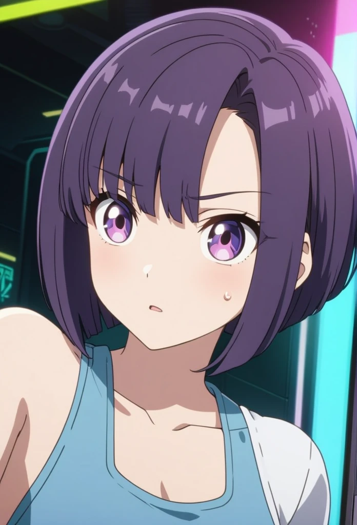 Adult Female, Black purple hair, slanted bob haircut, apathetic, perfect purple eyes, expressive eyes, cyberpunk bar, highly detailed, high quality, perfect quality, 8k anime, cleaning a glass