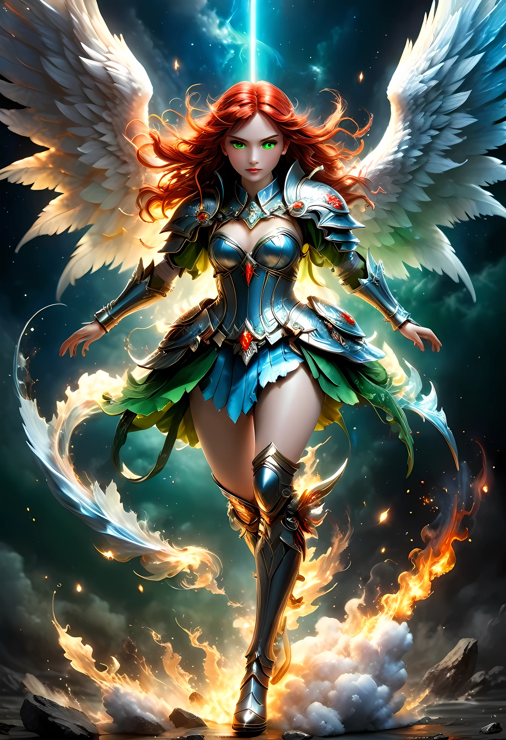 16k, ultra detailed, masterpiece, best quality, (extremely detailed), arafed, dnd art, panoramic view, full body, aasimar, female, (Masterpieceת intense details:1.3), female, sorceress, casting flaming spell(Masterpieceת intense details:1.3) large angelic wings, (azure: 1.3) angelic wings spread (Masterpieceת intense details:1.3), fantasy magical heaven background (Masterpieceת intense details:1.3), moon, stars, clouds, wearing white armor (Masterpieceת intense details:1.3), high heeled boots (Masterpieceת intense details:1.3), armed with staff, (red hair: 1.4), (green eyes: 1.4), intense eyes, ultra feminine, ultra detailed face, (Masterpieceת intense details:1.5), (anatomically correct: 1.5), determined face, divine light, cinematic lighting, soft light, silhouette, photorealism, panoramic view ((Masterpieceת intense details:1.3) , Wide-Angle, Ultra-Wide Angle, 16k, highres, best quality, faize, 3D rendering