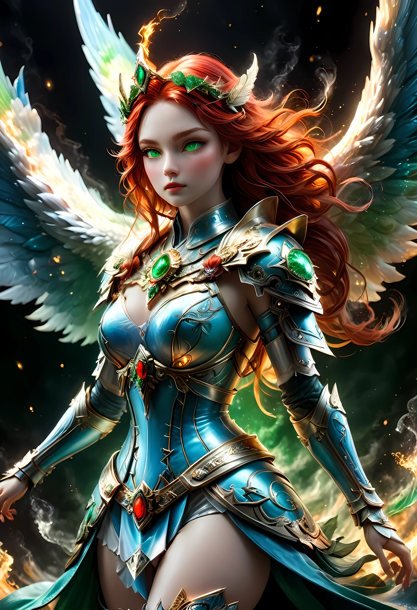 16k, ultra detailed, masterpiece, best quality, (extremely detailed), arafed, dnd art, panoramic view, full body, aasimar, female, (Masterpieceת intense details:1.3), female, sorceress, casting flaming spell(Masterpieceת intense details:1.3) large angelic wings, (azure: 1.3) angelic wings spread (Masterpieceת intense details:1.3), fantasy magical heaven background (Masterpieceת intense details:1.3), moon, stars, clouds, wearing white armor (Masterpieceת intense details:1.3), high heeled boots (Masterpieceת intense details:1.3), armed with staff, (red hair: 1.4), (green eyes: 1.4), intense eyes, ultra feminine, ultra detailed face, (Masterpieceת intense details:1.5), (anatomically correct: 1.5), determined face, divine light, cinematic lighting, soft light, silhouette, photorealism, panoramic view ((Masterpieceת intense details:1.3) , Wide-Angle, Ultra-Wide Angle, 16k, highres, best quality, faize, 3D rendering