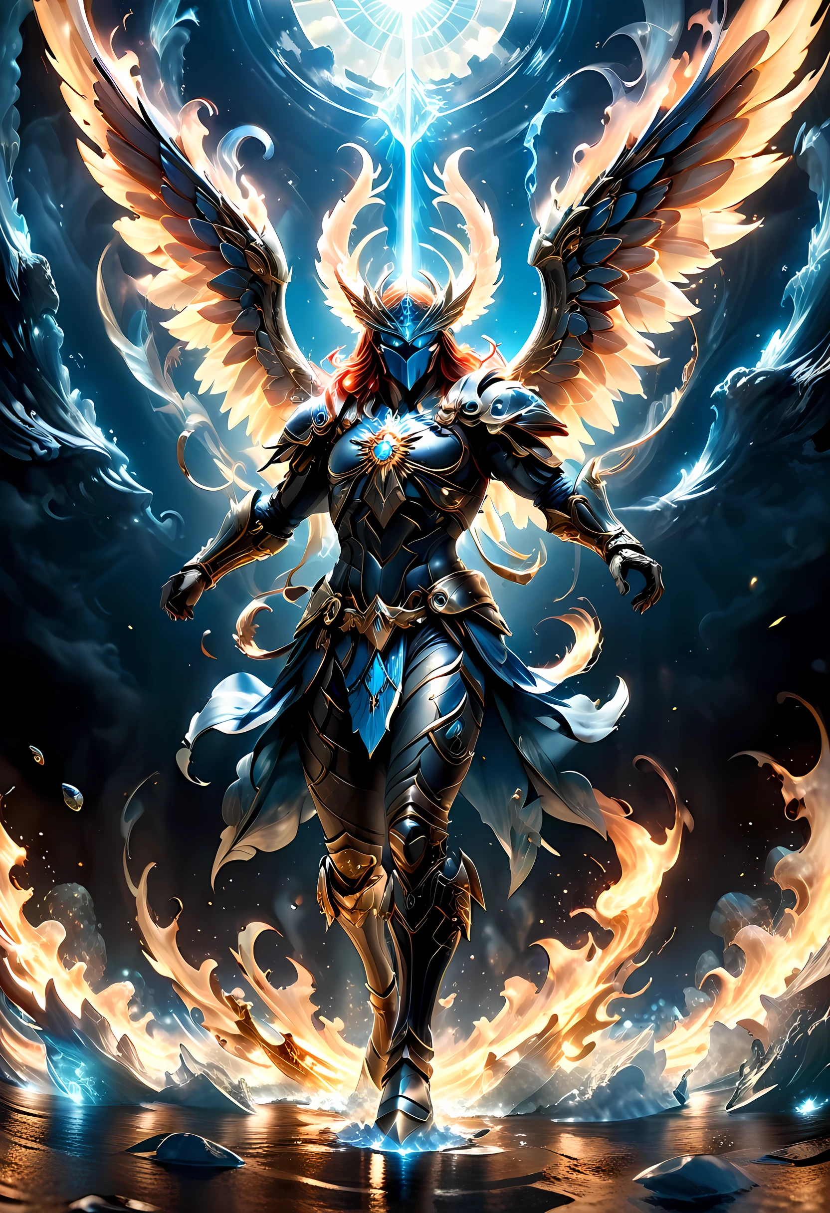 16k, ultra detailed, masterpiece, best quality, (extremely detailed), arafed, dnd art, panoramic view, full body, aasimar, female, (Masterpieceת intense details:1.3), female, sorceress, casting flaming spell(Masterpieceת intense details:1.3) large angelic wings, (azure: 1.3) angelic wings spread (Masterpieceת intense details:1.3), fantasy magical heaven background (Masterpieceת intense details:1.3), moon, stars, clouds, wearing white armor (Masterpieceת intense details:1.3), high heeled boots (Masterpieceת intense details:1.3), armed with staff, (red hair: 1.4), (green eyes: 1.4), intense eyes, ultra feminine, ultra detailed face, (Masterpieceת intense details:1.5), (anatomically correct: 1.5), determined face, divine light, cinematic lighting, soft light, silhouette, photorealism, panoramic view ((Masterpieceת intense details:1.3) , Wide-Angle, Ultra-Wide Angle, 16k, highres, best quality, faize, 3D rendering