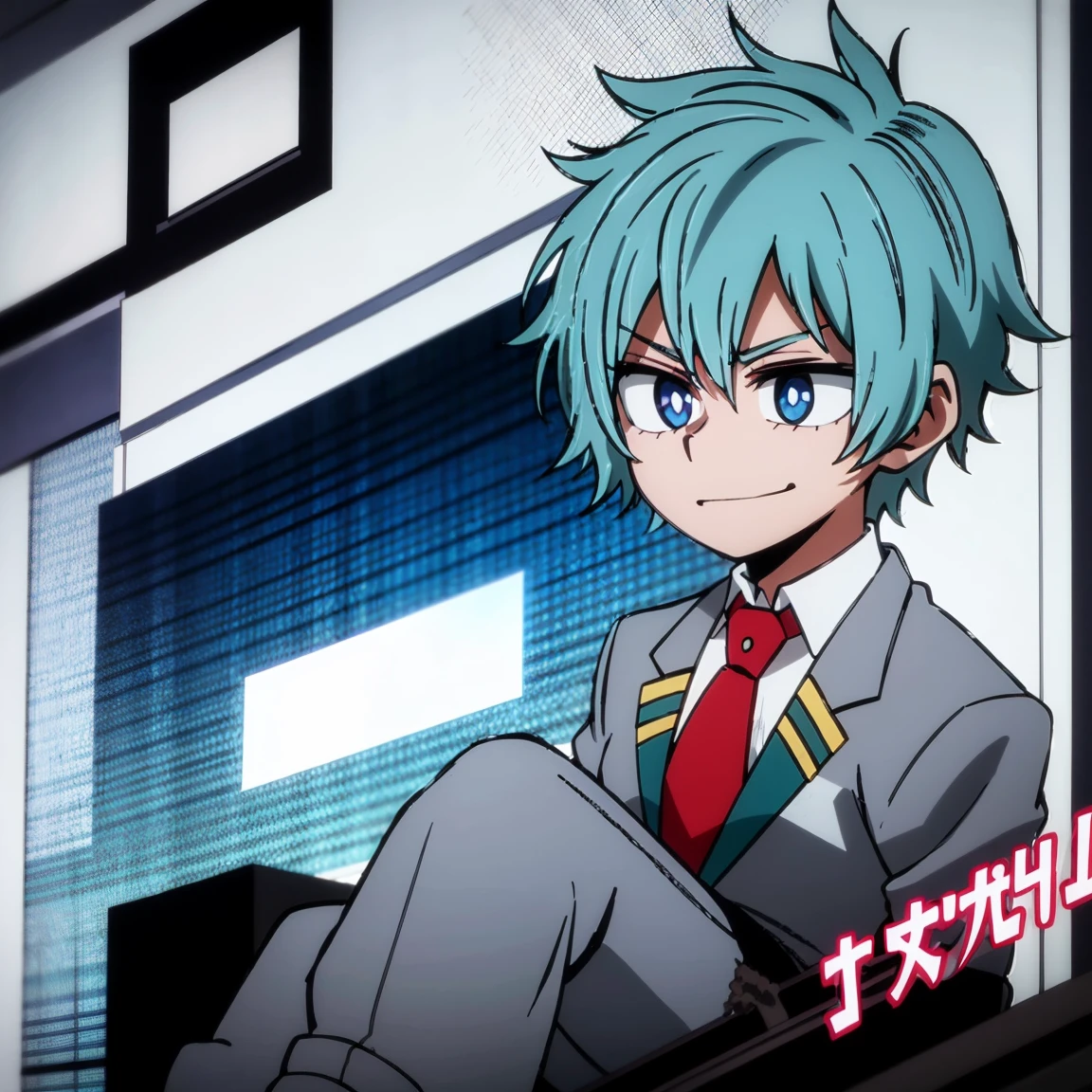 1boy, male focus, solo, muscular body, short hair, messy hair, aquamarine hair, violet eyes, smirk, gray jacket, red tie, white shirt, teal pants, boots