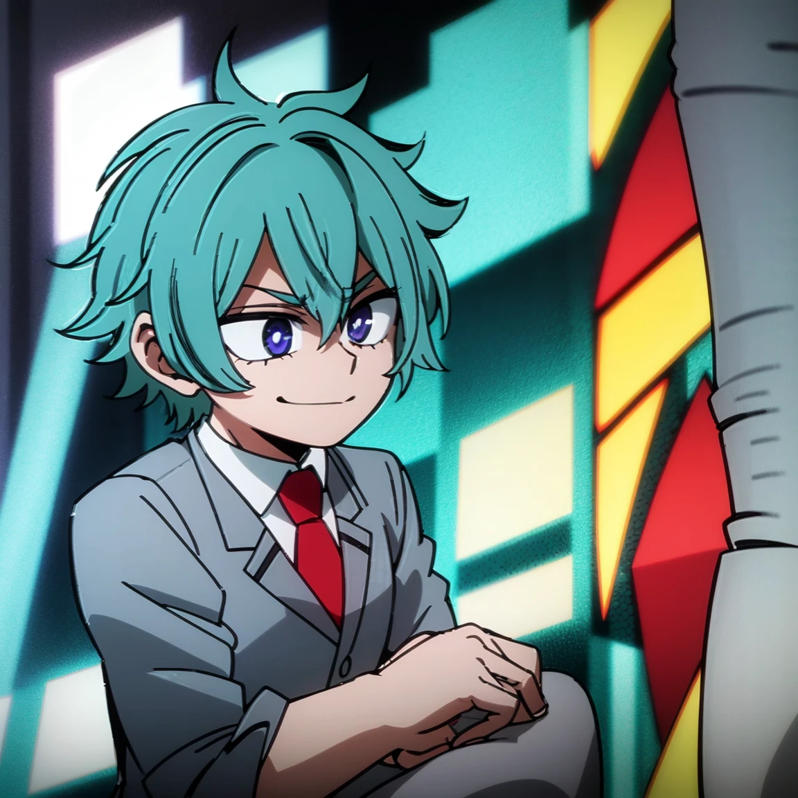 1boy, male focus, solo, muscular body, short hair, messy hair, aquamarine hair, violet eyes, smirk, gray jacket, red tie, white shirt, teal pants, boots