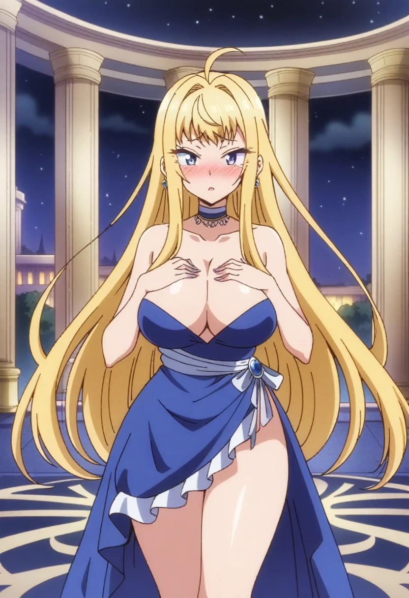 (anime art style), masterpiece, best quality, very aesthetic, absurdres, minamifuyuki, ((1girl)), antenna hair, blonde hair, long hair, sidelocks, ahoge, eyeslashes, blue eyes, large breasts, sexy, cleavage, black high heels, formal dress, jewelry, earrings, blue dress, borrowed, embarrased, intense blush, ((middle body)), (from front), (night), (palace), (standing), (hands on own chest), (looking at viewer:1.0)