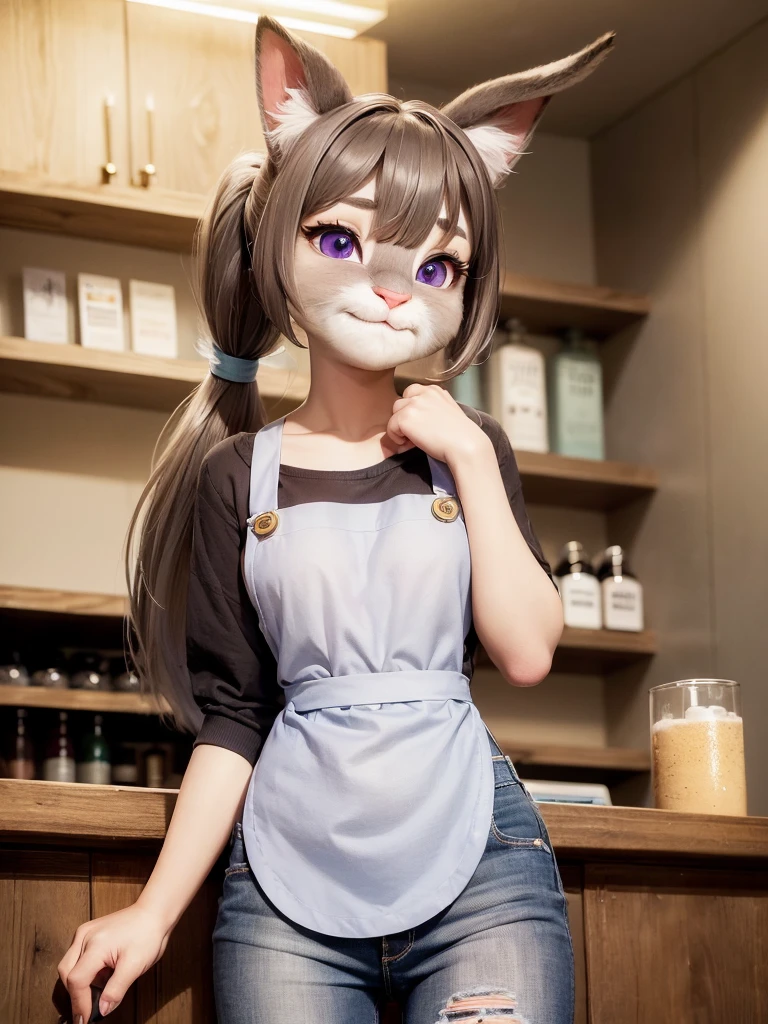 Highest quality,
masterpiece,
Ultra-realistic,
Super detailed,
Beautiful details,
4K，8K，upper,
Photo realistic,
medium Shot,
Background is Forest,
Realistic lighting,

((Anthropomorphic cat)),
Detailed animals,
Complex patterns,
(Furry:1.35),
(All skin is grey:1.3),
(The body is fluffy and bushy:1.3),
Realistic fur,

Human hand,

(Judy Hopps face:1.3),
((ponytail)),
((see-through bangs)), bangs,
((dark brown hair color)),
Purple eyes,
{Eye highlights, Clear eyes, Eyes sparkling, round pupils},
Detailed Iris, 
(Eyebrows raised:1.2),
(Crescent eyebrows:1.3),
(cat ears:1.3), 
Sales smile,
raised corners of mouth,

The lady is wearing a T-shirt and an apron, jeans underneath,
((White T-shirt)) BREAK ((dark brown apron)) BREAK ((cyan jeans)),

(alone:1.5),
(1 Female:1.5),
Only 1 character,
Perfect Anatomy,

Lighting front,
Lighting forward,
Intricate details, 
Ray Tracing, 
Realistic, 
