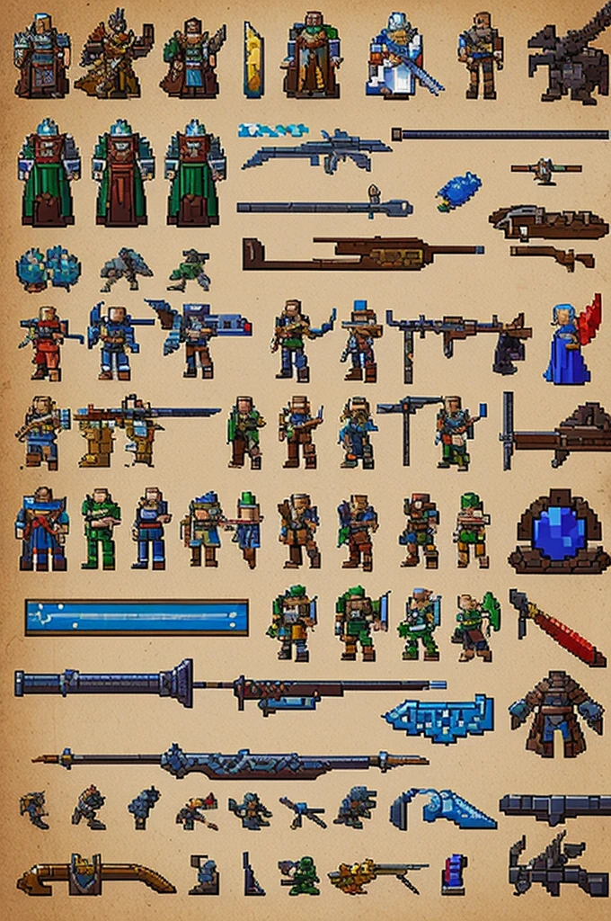 a close up of a pixel art style image of a bunch of different items, weapons and armors, rpg game item, detailed game art, rpg game inventory item, 2 d game art, 2d game art, detailed pixel art, game assets, video game assets, fantasy rpg weapon art, 2 d game assets, detailed pixel artwork, lots of weapon