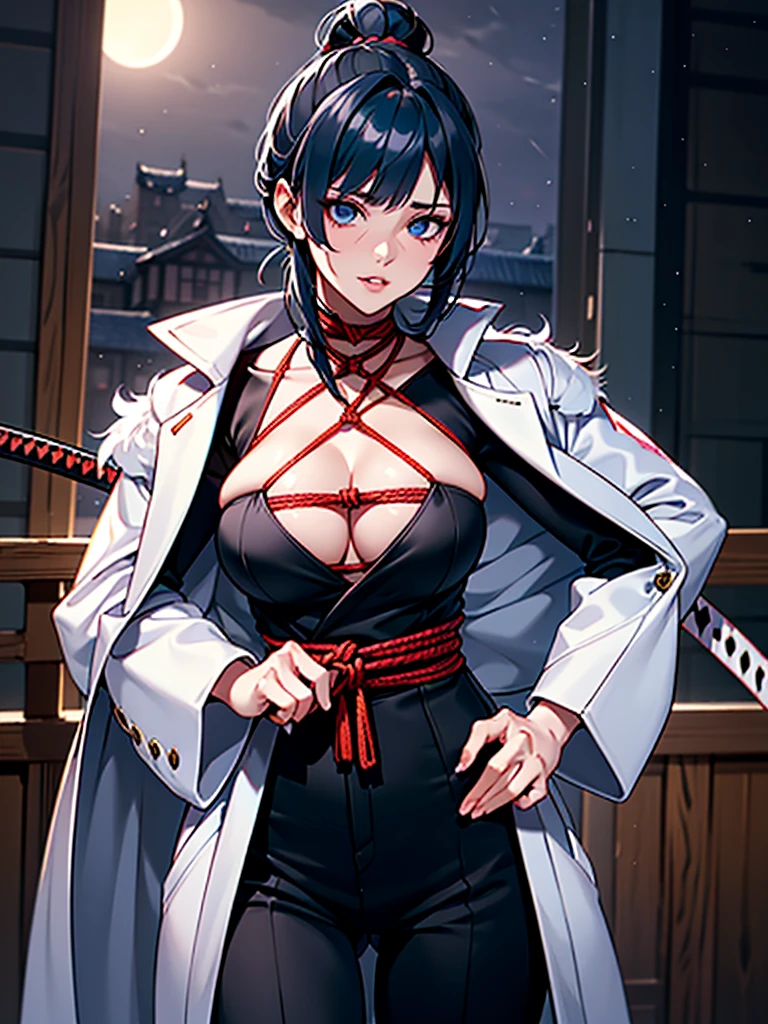 a female samurai, beautiful detailed eyes, beautiful detailed lips, extremely detailed face, long eyelashes, (katana sword on hip:1.2),hyper realistic lighting,(super detailed:1.3),((best quality:1.2)),((masterpiece:1.2)),female focus,lonely beauty,detailed face,detailed lips,(nighttime:1.6),(standing in a medieval europe castletown),(eclipse),cowboy shot,((cleavage)),((shibari across breasts:1.125)),topknot,muted dark blue hair,white samurai coat,black samurai pants:1.4, muscular:0.4, rough look, bloody clothes, cruel, ((bloody))