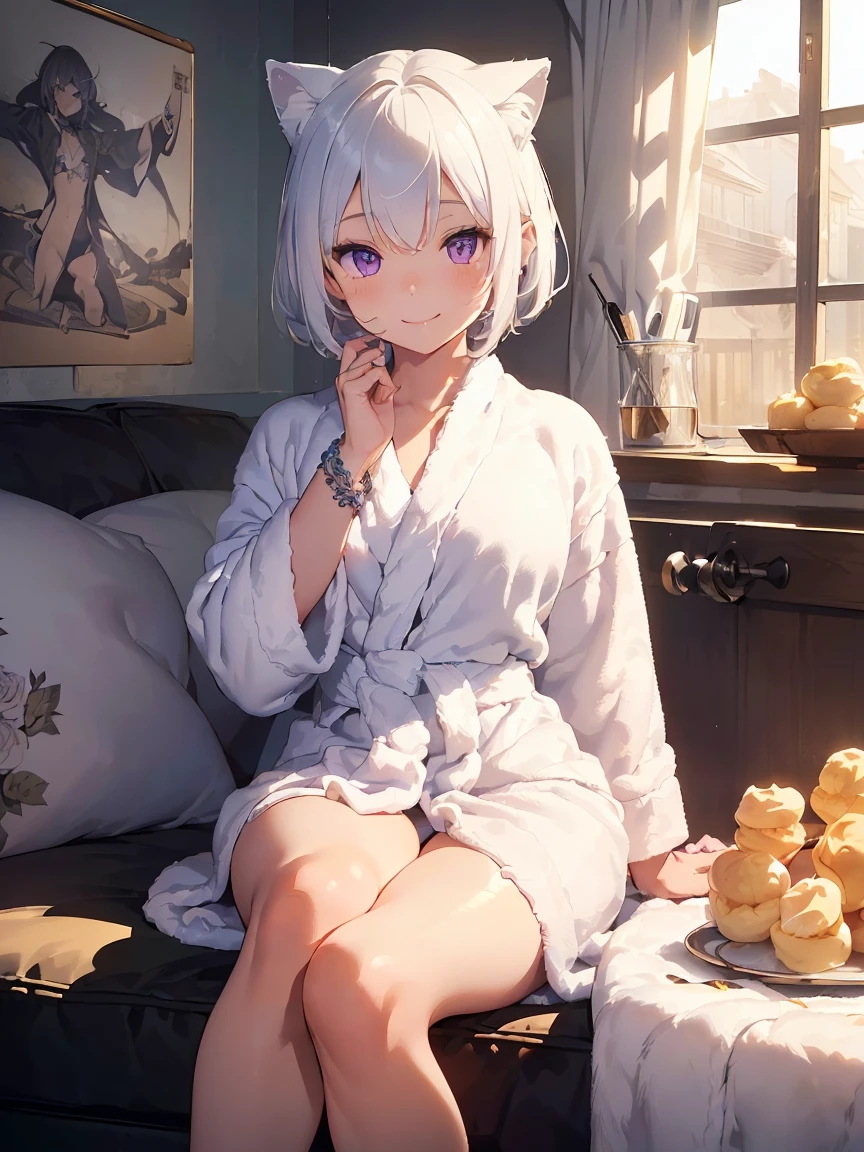 (((masterpiece))), (((Highest quality))), ((Very detailed)), ((Very detailedなイラスト)), ((Ultra-fine painting)), (16K Highest quality wallpaper:1.4), (Detailed and elaborate illustration style,:1.8) Detailed skin texture, High quality fabric, , (T-masterpiece), (Very detailedな顔:1.4), original, RAW Photos, Professional, Intricate details, Very detailed, Direct sunlight:1.6, ,(Cowboy Shot:1.9)、(Perfect Anatomy:1.4), (Extremely elaborate hands:1.2), (Very elaborate fingers:1.2), (Very elaborate fingers先:1.2),, (alone:1.6), (beautiful and adorable cat ears:1.6), (Intricate and delicate cat ears:1.4), (beautiful, Shiny white hair:1.6), (Very fine and delicate white hair:1.4),, (Very detailedな顔:1.4),(薄いPurple eyes:1.4),(smile:1.4),?Fantastic details,Cowboy Shot,Purple eyes,lipstick,eyeliner,eye shadow,thin,Shiny skin,Medium chest,Bobcut,Silver Hair,Shiny Hair,(sleepy:1.4),(Bathrobes:1.5),(bracelet:1.4),(Crossing your legs:1.4),(Hands close to the face:1.5),(Cleavage:0.4),(living room:1.4),(cream puff:1.5),(Rose:1.3),(On the sofa:1.4)、holding cream puff in hand