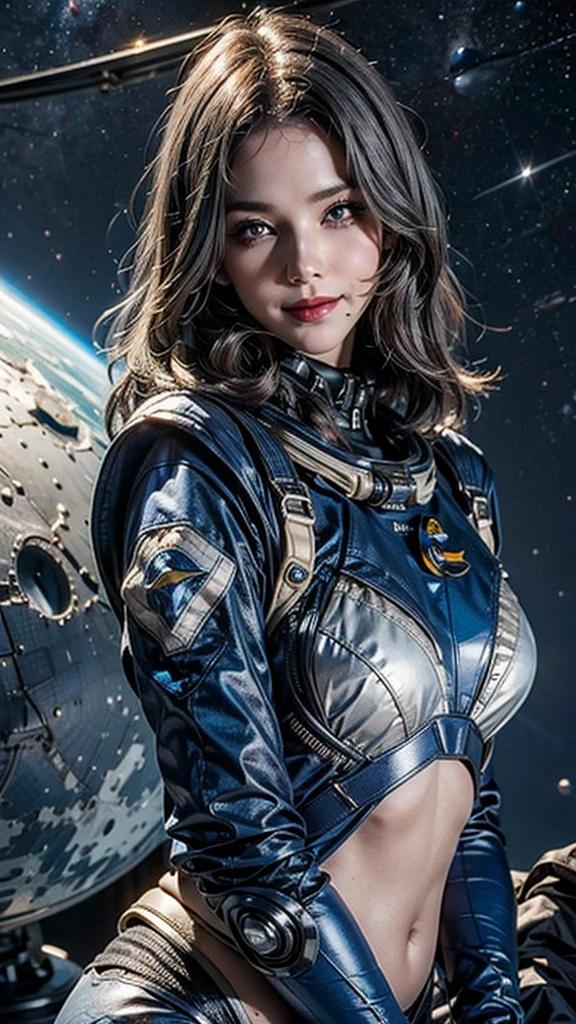 Highest quality, Ultra-high resolution, (realism: 1.4), Depth of written boundary, Beautiful Face, (Purelos Face_v1: 0.8), Half Body, | | One girl, Medium Chest, (Gray Hair: 1.3), An innocent smile, Natural Makeup, | | | Model pose, | | (Spacesuit: 1.3), (Blue Armor: 1.3), Exquisite design, | | Space Background, performer_(null), moonlight, night, | |